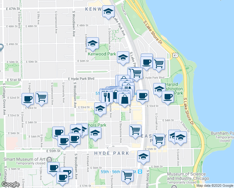 map of restaurants, bars, coffee shops, grocery stores, and more near 5210 South Blackstone Avenue in Chicago