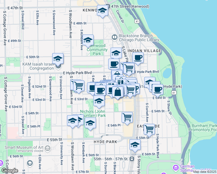 map of restaurants, bars, coffee shops, grocery stores, and more near 5210 South Blackstone Avenue in Chicago