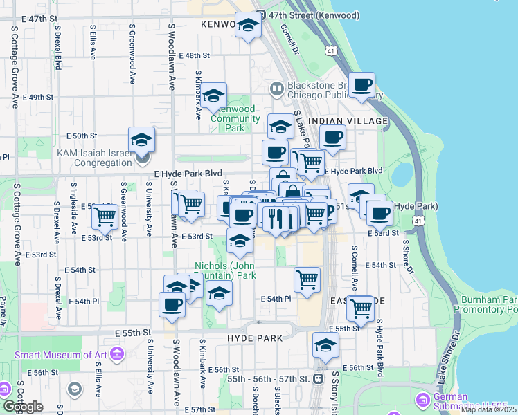 map of restaurants, bars, coffee shops, grocery stores, and more near 5210 South Blackstone Avenue in Chicago