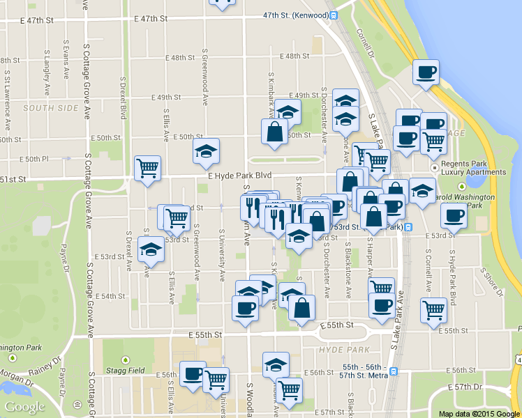 map of restaurants, bars, coffee shops, grocery stores, and more near 5214 South Kimbark Avenue in Chicago