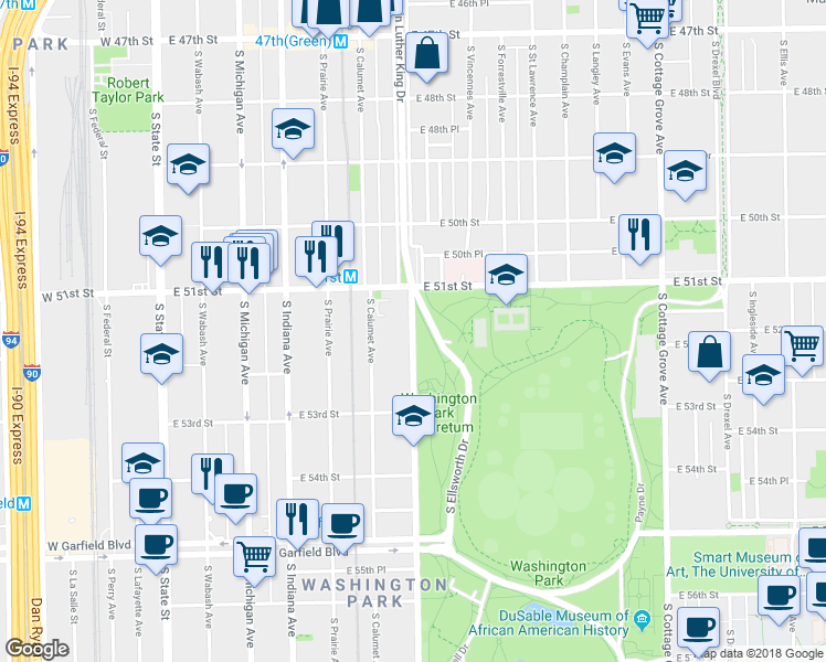 map of restaurants, bars, coffee shops, grocery stores, and more near 5152 South Doctor Martin Luther King Junior Drive in Chicago