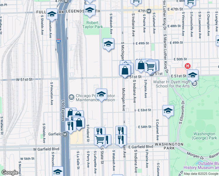 map of restaurants, bars, coffee shops, grocery stores, and more near 5147 South Wabash Avenue in Chicago
