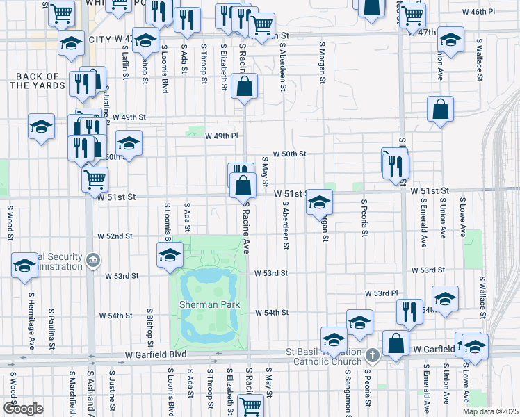 map of restaurants, bars, coffee shops, grocery stores, and more near 5132 South May Street in Chicago