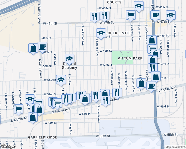 map of restaurants, bars, coffee shops, grocery stores, and more near 5204 West 51st Street in Chicago