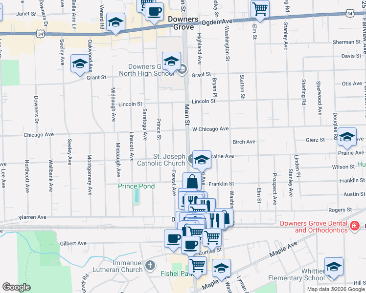 map of restaurants, bars, coffee shops, grocery stores, and more near 4730 Main Street in Downers Grove