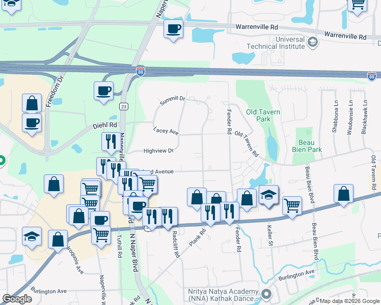 map of restaurants, bars, coffee shops, grocery stores, and more near 4S728 Karns Road in Naperville