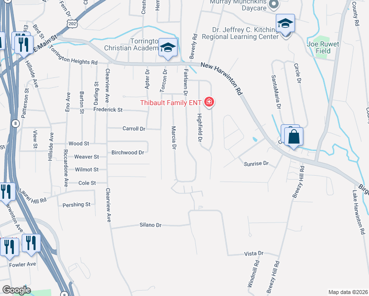map of restaurants, bars, coffee shops, grocery stores, and more near 270 Fairlawn Drive in Torrington
