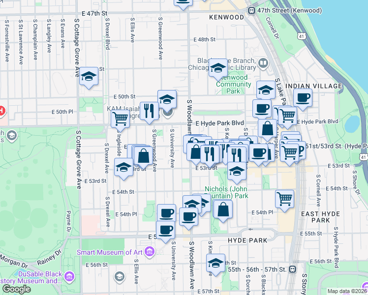 map of restaurants, bars, coffee shops, grocery stores, and more near 1167 East 52nd Street in Chicago