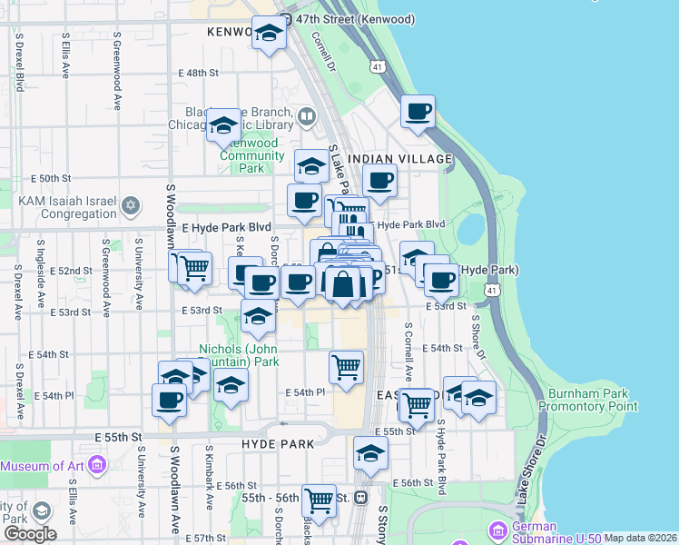 map of restaurants, bars, coffee shops, grocery stores, and more near 5201 South Harper Avenue in Chicago