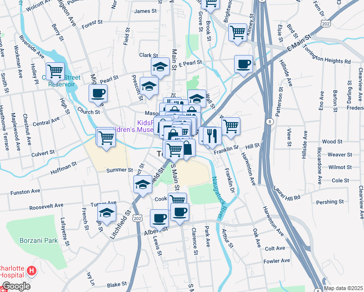 map of restaurants, bars, coffee shops, grocery stores, and more near in Torrington