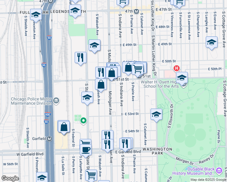 map of restaurants, bars, coffee shops, grocery stores, and more near 5139 S Michigan Ave in Chicago
