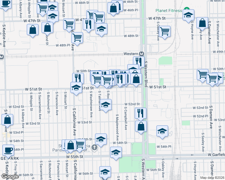 map of restaurants, bars, coffee shops, grocery stores, and more near 2547 West 51st Street in Chicago