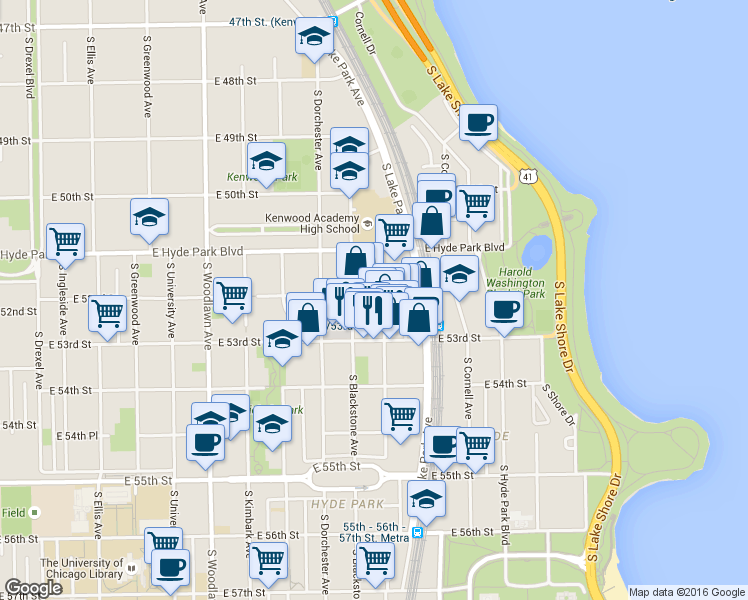 map of restaurants, bars, coffee shops, grocery stores, and more near 5210s South Harper Avenue in Chicago