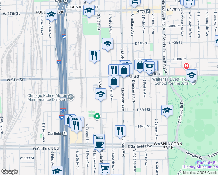 map of restaurants, bars, coffee shops, grocery stores, and more near 5147 South Wabash Avenue in Chicago