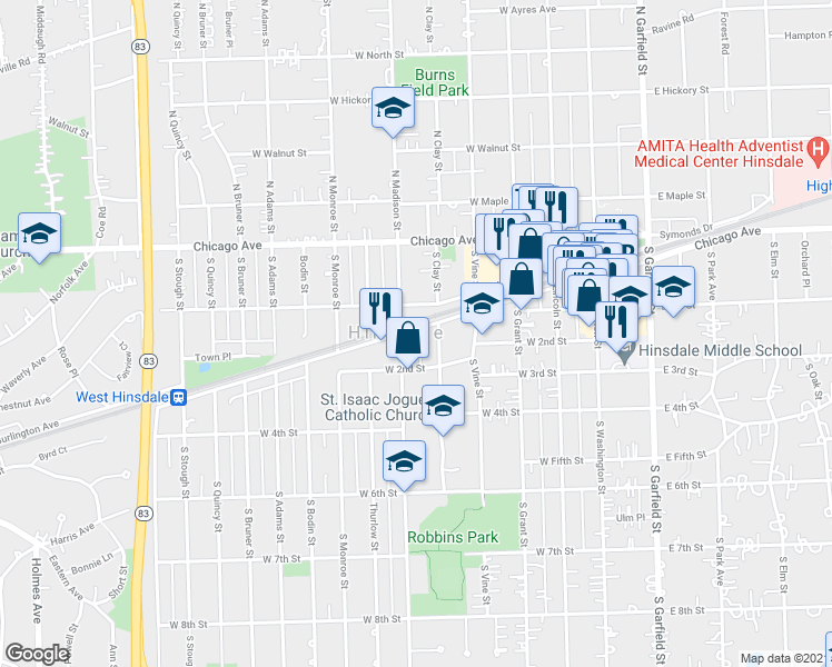 map of restaurants, bars, coffee shops, grocery stores, and more near 25 South Madison Street in Hinsdale