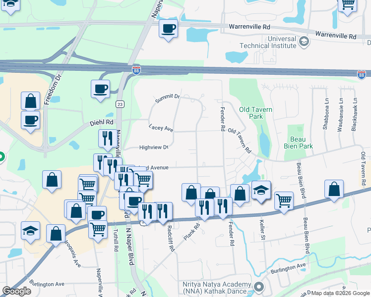 map of restaurants, bars, coffee shops, grocery stores, and more near 4S728 Karns Road in Naperville