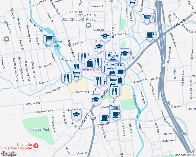 map of restaurants, bars, coffee shops, grocery stores, and more near 175 Prospect Street in Torrington