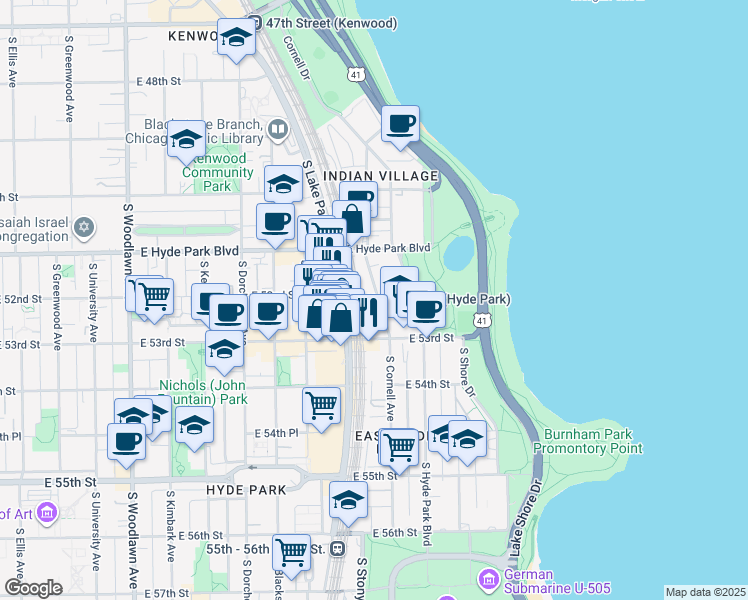 map of restaurants, bars, coffee shops, grocery stores, and more near 5210 South Cornell Avenue in Chicago