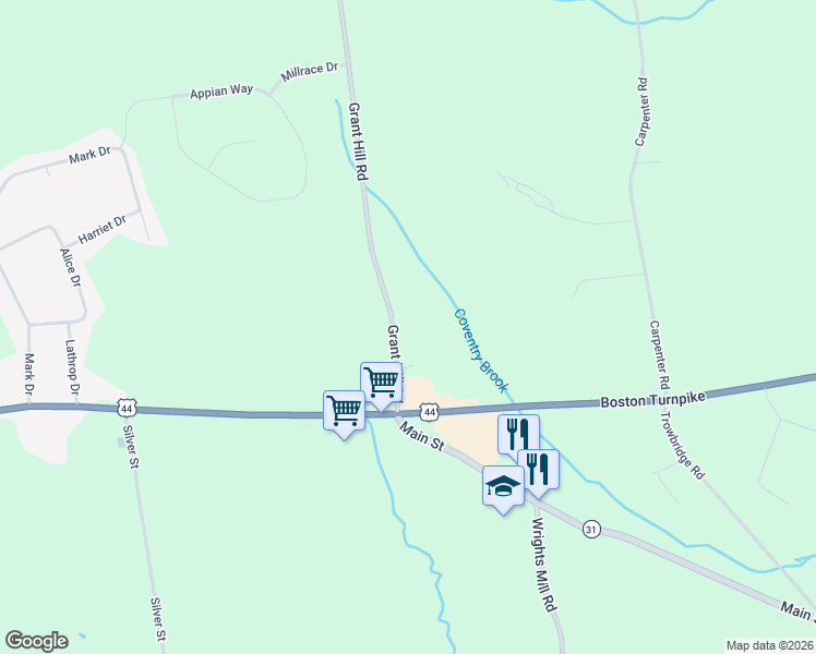 map of restaurants, bars, coffee shops, grocery stores, and more near 36 Grant Hill Road in Coventry