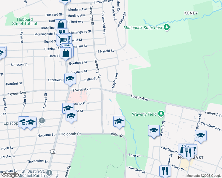 map of restaurants, bars, coffee shops, grocery stores, and more near 1 Mayfair Road in Bloomfield