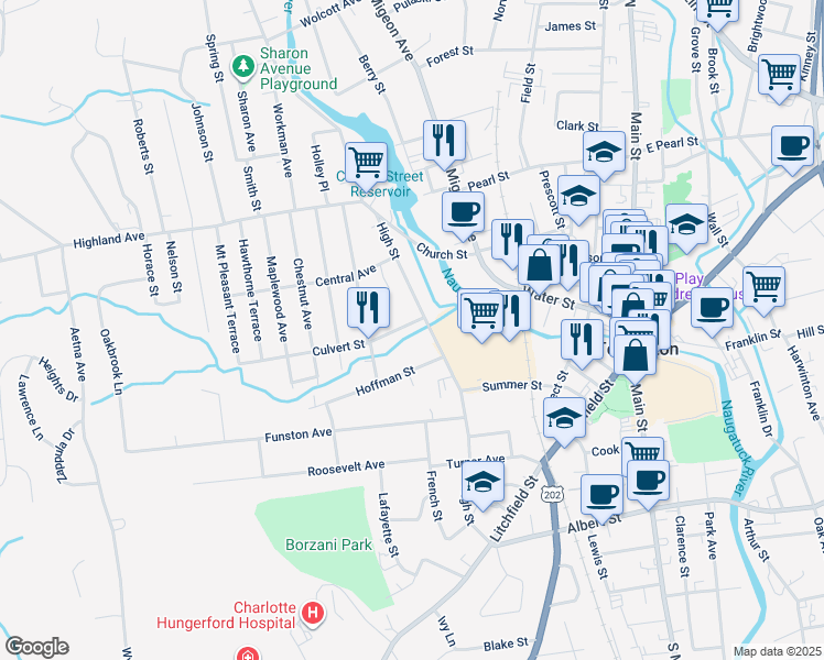 map of restaurants, bars, coffee shops, grocery stores, and more near 21 Culvert Street in Torrington