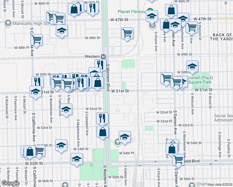 map of restaurants, bars, coffee shops, grocery stores, and more near 2314 West 51st Place in Chicago