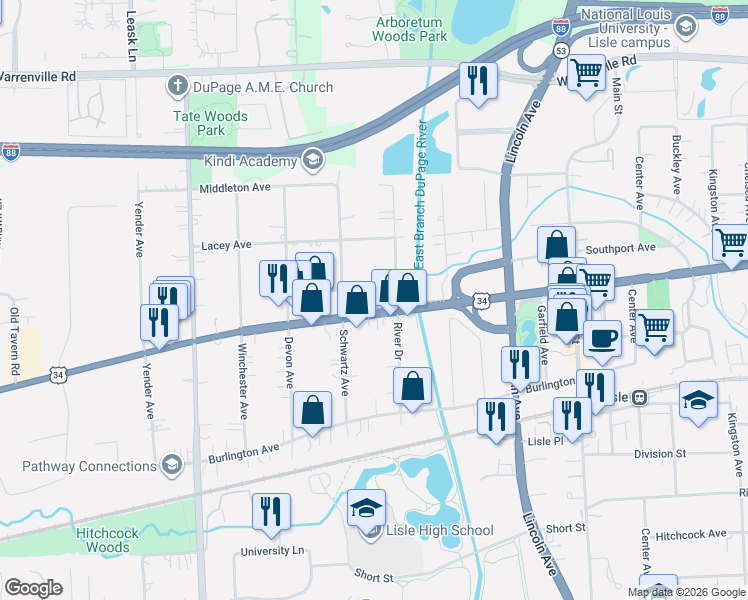 map of restaurants, bars, coffee shops, grocery stores, and more near 1612 Ogden Avenue in Lisle