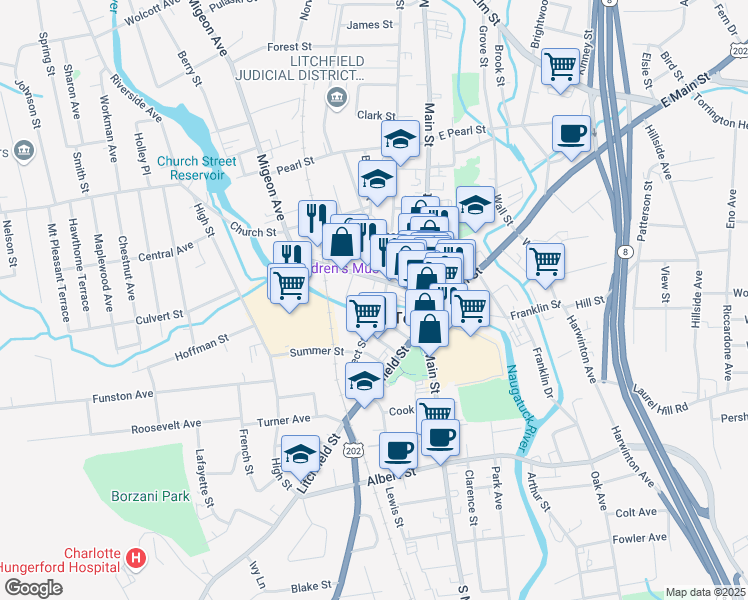map of restaurants, bars, coffee shops, grocery stores, and more near 175 Prospect St in Torrington