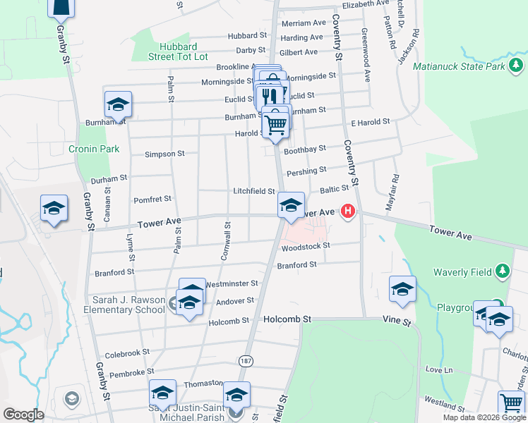 map of restaurants, bars, coffee shops, grocery stores, and more near 730 Tower Avenue in Hartford