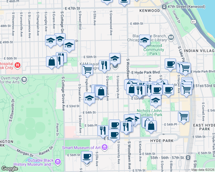 map of restaurants, bars, coffee shops, grocery stores, and more near South Greenwood Avenue & East 52nd Street in Chicago