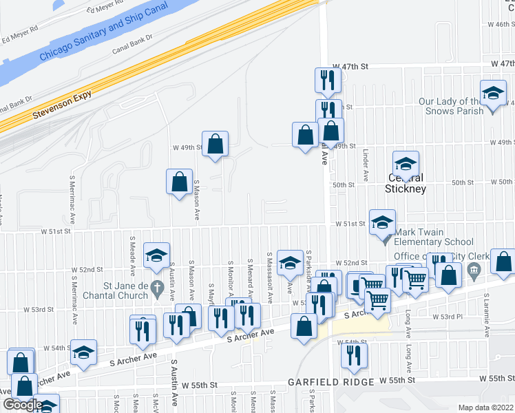 map of restaurants, bars, coffee shops, grocery stores, and more near 5750 West 51st Street in Chicago