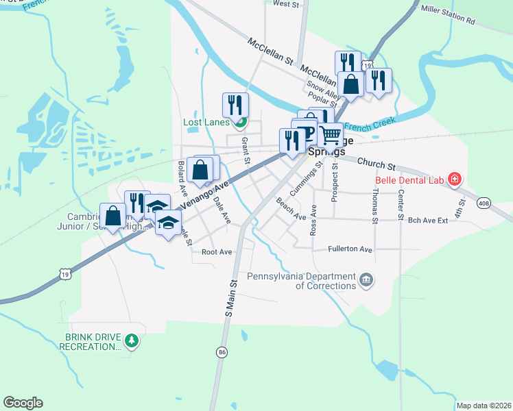 map of restaurants, bars, coffee shops, grocery stores, and more near 428 South Main Street in Cambridge Springs