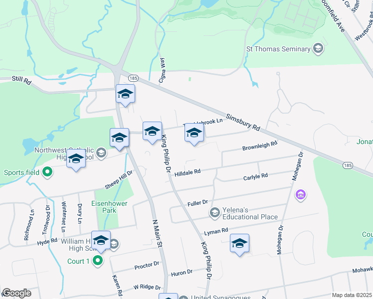map of restaurants, bars, coffee shops, grocery stores, and more near 212 King Philip Drive in West Hartford