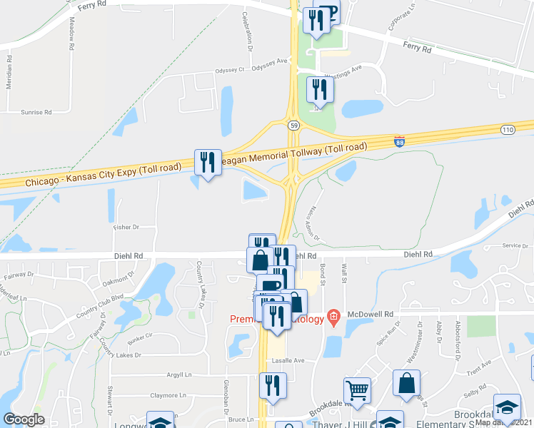 map of restaurants, bars, coffee shops, grocery stores, and more near 1751 West Diehl Road in Naperville