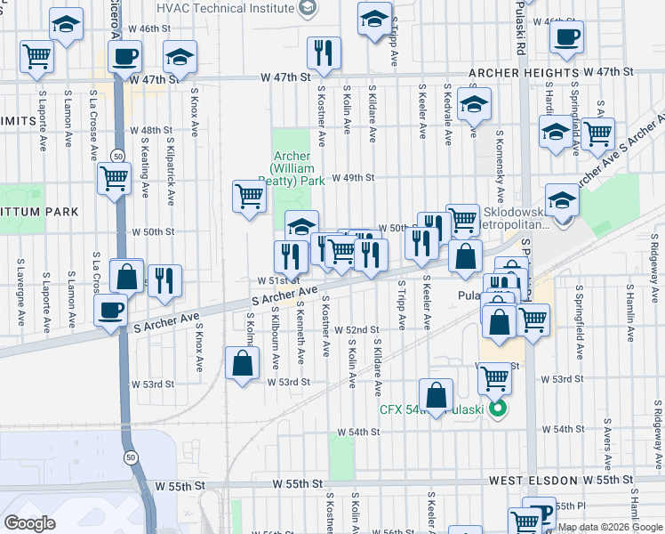 map of restaurants, bars, coffee shops, grocery stores, and more near 5047 South Kostner Avenue in Chicago