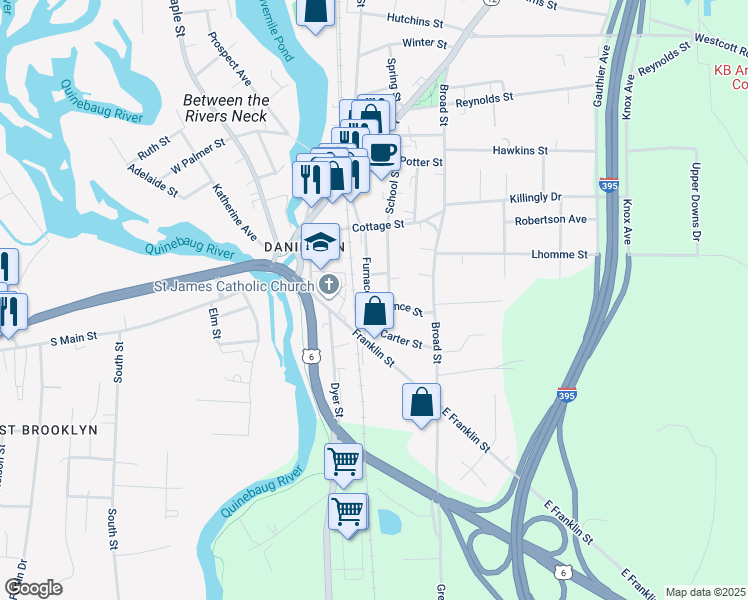 map of restaurants, bars, coffee shops, grocery stores, and more near 128 Furnace Street in Killingly