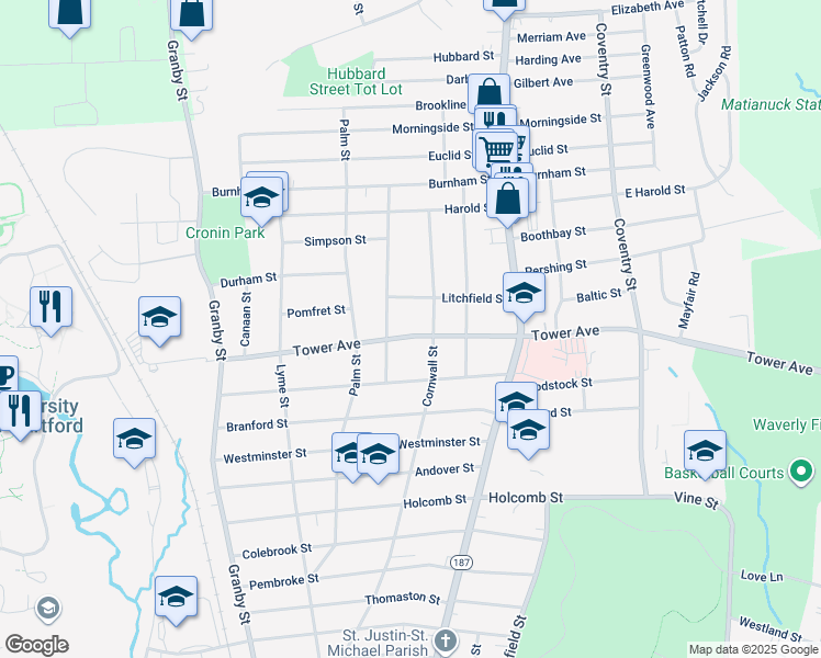 map of restaurants, bars, coffee shops, grocery stores, and more near 797 Tower Avenue in Hartford