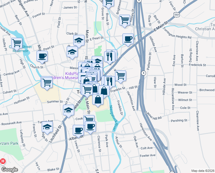 map of restaurants, bars, coffee shops, grocery stores, and more near 97 Franklin Street in Torrington