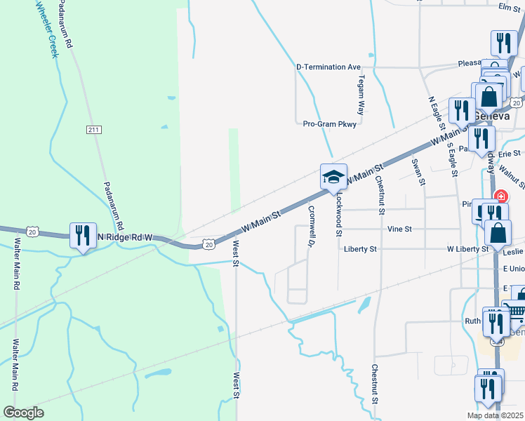 map of restaurants, bars, coffee shops, grocery stores, and more near 779 West Main Street in Geneva