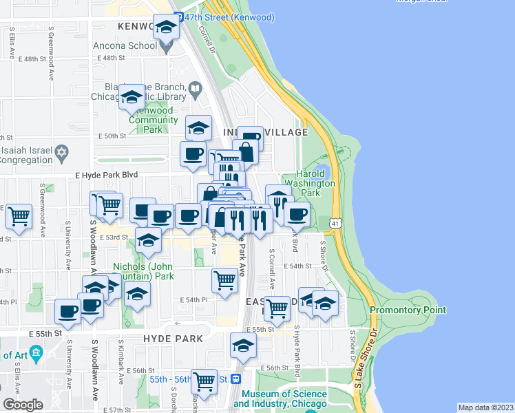 map of restaurants, bars, coffee shops, grocery stores, and more near 5212 South Cornell Avenue in Chicago