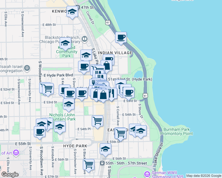 map of restaurants, bars, coffee shops, grocery stores, and more near 5212 South Cornell Avenue in Chicago