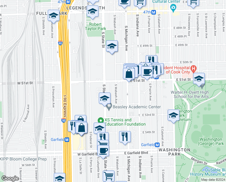 map of restaurants, bars, coffee shops, grocery stores, and more near 5147 South Wabash Avenue in Chicago