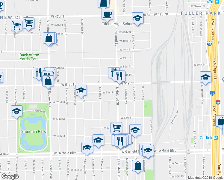 map of restaurants, bars, coffee shops, grocery stores, and more near 829 West 51st Place in Chicago