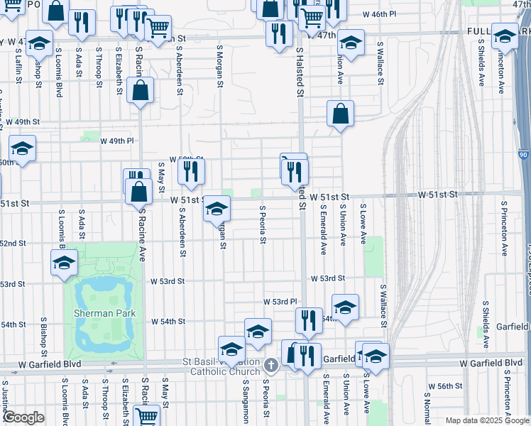 map of restaurants, bars, coffee shops, grocery stores, and more near 901 West 51st Place in Chicago