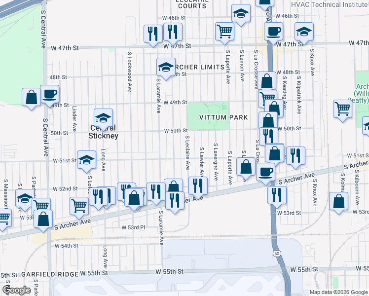 map of restaurants, bars, coffee shops, grocery stores, and more near 5053 South Leclaire Avenue in Chicago