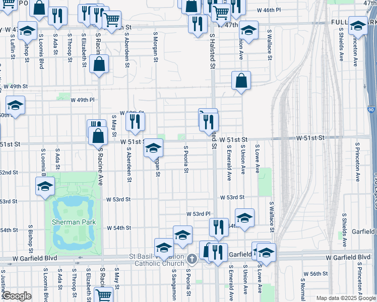 map of restaurants, bars, coffee shops, grocery stores, and more near 901 West 51st Place in Chicago