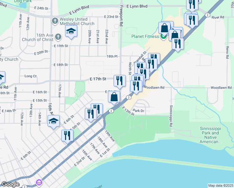 map of restaurants, bars, coffee shops, grocery stores, and more near 2207 East 7th Street in Sterling