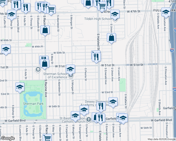 map of restaurants, bars, coffee shops, grocery stores, and more near 901 West 51st Place in Chicago