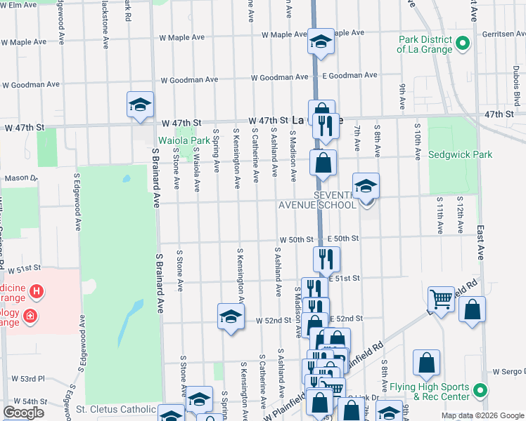 map of restaurants, bars, coffee shops, grocery stores, and more near 711 South Catherine Avenue in La Grange