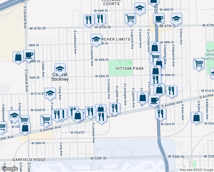 map of restaurants, bars, coffee shops, grocery stores, and more near 5036 South Leclaire Avenue in Chicago
